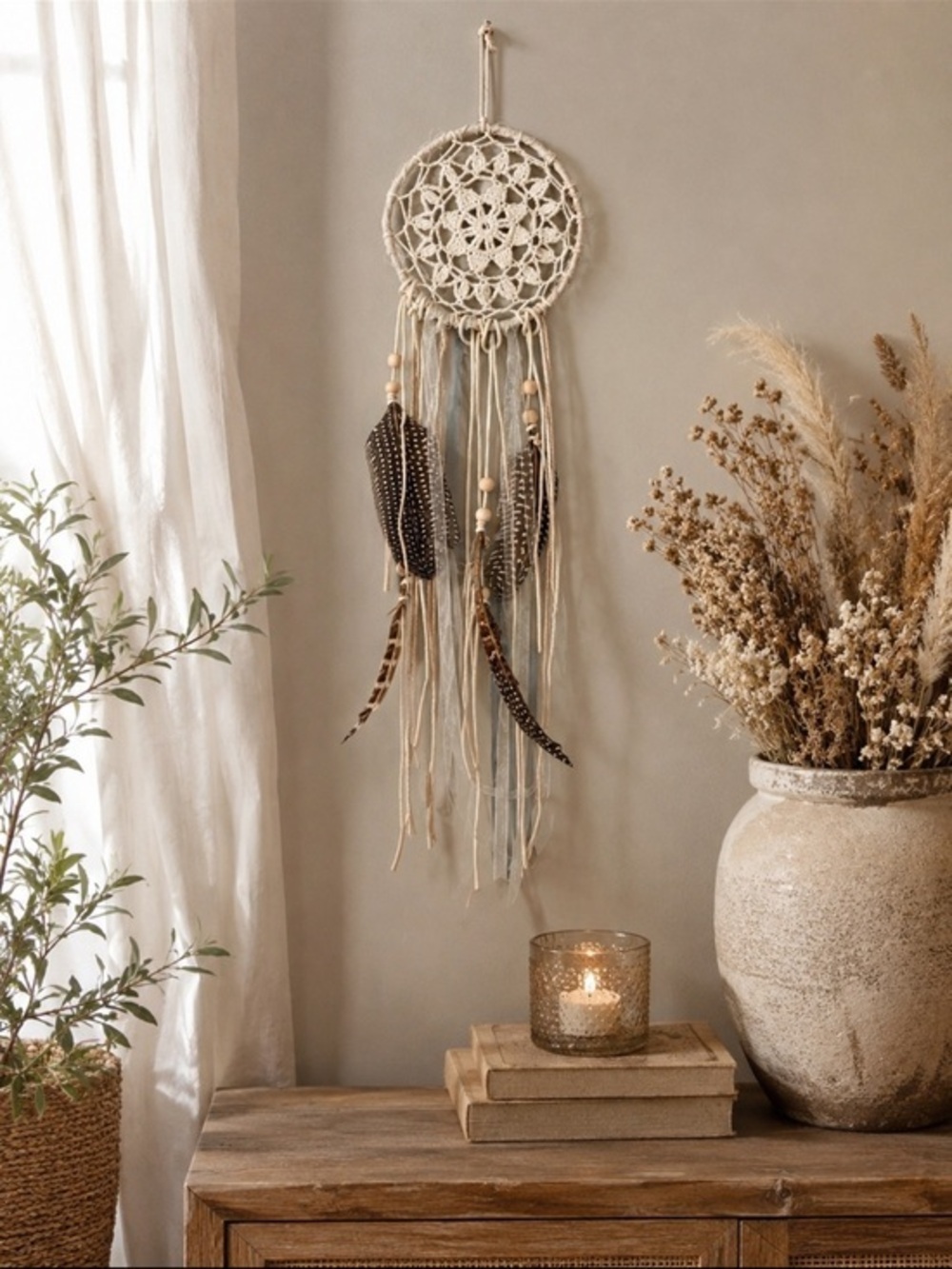 Boho Crochet Dream Catcher Wall Feather Tassel Decor Free People Style ~ 18”